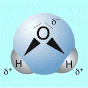 Wassermolekül, bestehend aus Wasserstoff- (H) und Sauerstoffatomen (O) 