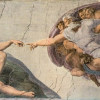 MICHELANGELO BUONAROTTI: Deckenfresko zur Schöpfungsgeschichte in der Sixtinischen Kapelle,Hauptszene: „Der Schöpfergott erschafft Adam“ (1508–1512, Fresko; Rom, Vatikan, Sixtinische Kapelle). 