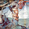 MICHELANGELO BUONAROTTI: Deckenfresko zur Schöpfungsgeschichte in der Sixtinischen Kapelle, Hauptszene:„Ursünde und Vertreibung aus dem Paradies“ (1508–1512, Fresko; Rom, Vatikan, Sixtinische Kapelle). 