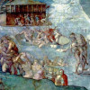 MICHELANGELO BUONAROTTI: Deckenfresko zur Schöpfungsgeschichte in der Sixtinischen Kapelle,Hauptszene: „Die Sintflut“ (1508–1512, Fresko; Rom, Vatikan, Sixtinische Kapelle). 