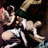 MICHELANGELO CARAVAGGIO: Gemälde der Cerasi-Kapelle in Santa Maria del Popolo in Rom,Szene: „Kreuzigung Petri“;1600–1601, Öl auf Leinwand, 230 × 175 cm;Rom, Santa Maria del Popolo. 