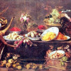 FRANS SNIJDERS: „Großes Stillleben mit einer Dame und Papagei“;2. Viertel 17. Jh., Leinwand, 154 × 237 cm;Dresden, Gemäldegalerie. 