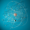 Atommodell: Um den positiv geladenen Atomkern bewegen sich die negativ geladenen Elektronen. 