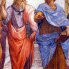 RAFFAELs Fresko „Die Schule von Athen“ zeigt PLATON, der den rechten Zeigefinger in die Höhe hebt und unterm linken Arm sein Werk „Timaios“ trägt, und ARISTOTELES, der in seiner Linken die „Nikomachische Ethik“ hält. Der Renaissance-Künstler malte sein Bild 1510 für die Stanza della Segnatura in Rom (Vatikanstadt). 